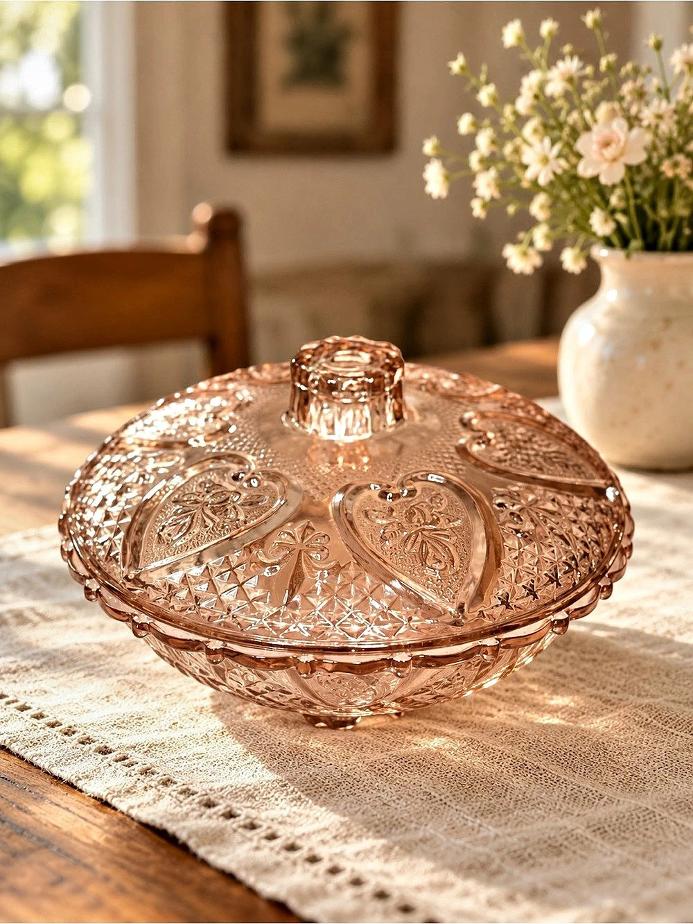 KIG Indonesia Pink Depression Glass Covered Candy Dish – Floral & Diamond Patter